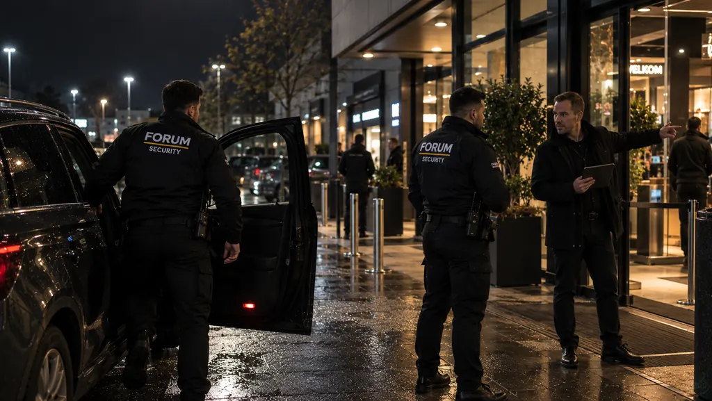 Beveiligers van Forum Security overleggen in de avond met een beheerder bij een locatie