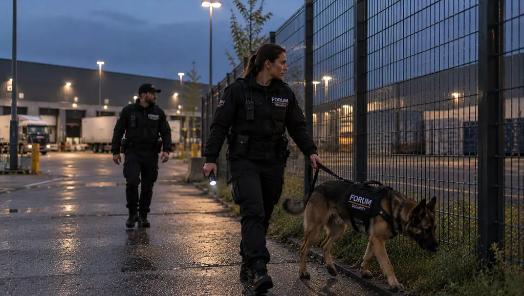 Hondengeleider van Forum Security met herder bij een bedrijfsterrein