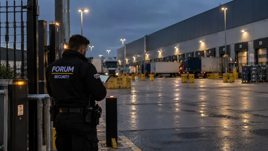 Beveiliger van Forum Security controleert de toegangspoort van een distributiecentrum