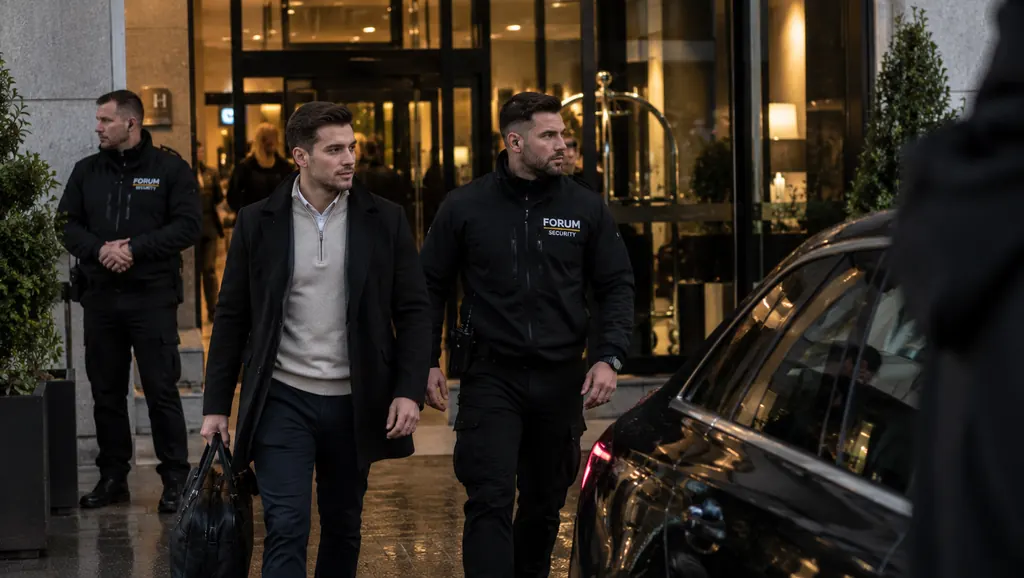 Persoonsbeveiligers van Forum Security begeleiden een zakelijke klant bij een hotel